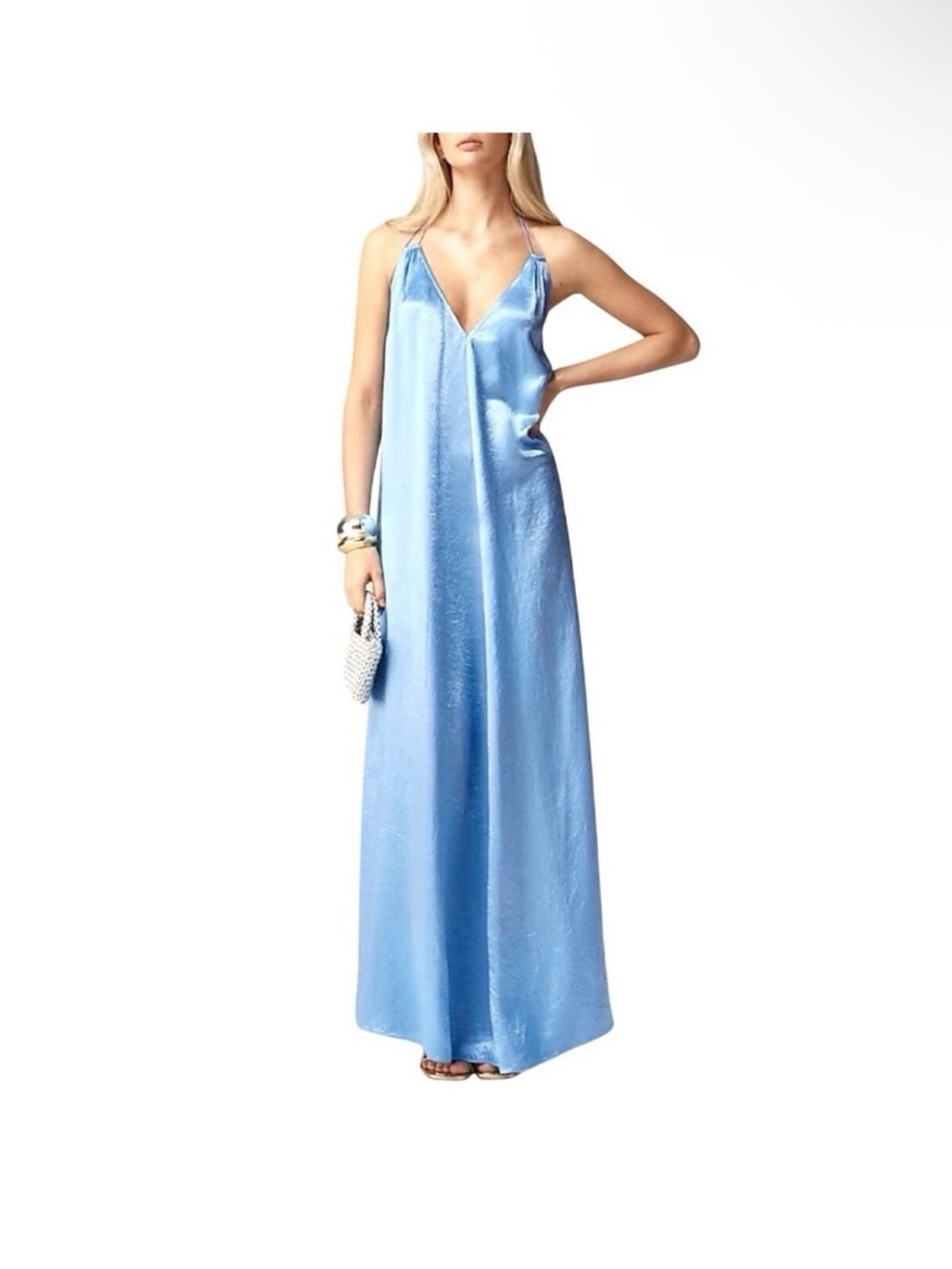 Anna October Sky-Blue Satin Slip Maxi Dress
